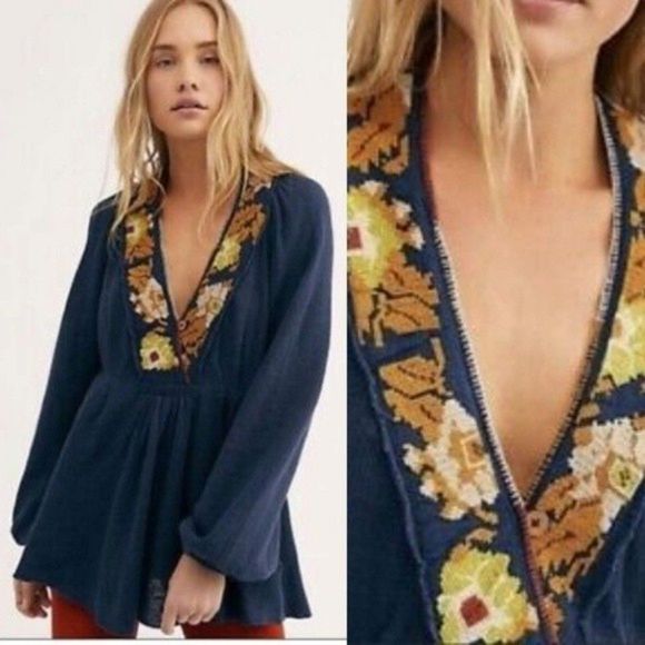 New Free People Rose Red Linen Blend Embroidered Blue - Picture 1 of 16